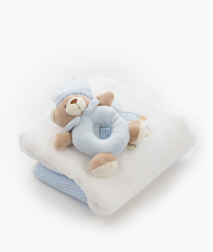 Bear Towel & Rattle Set - Blue