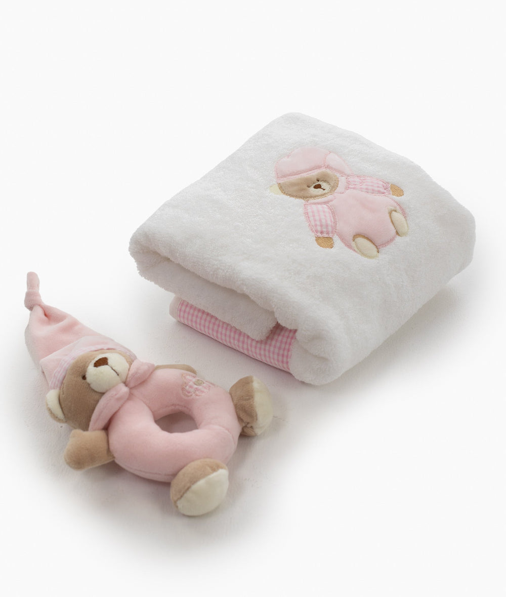 Bear Towel & Rattle Set - Pink